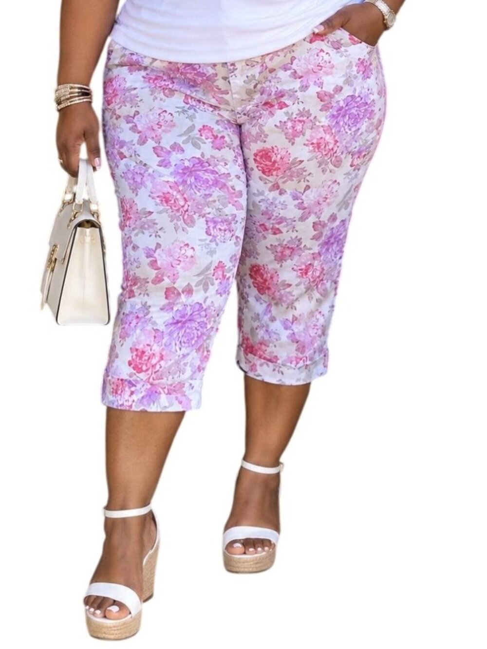 Bandolino Missy 16 Pants Floral Print White Pink Stretch Capris Rolled Hem